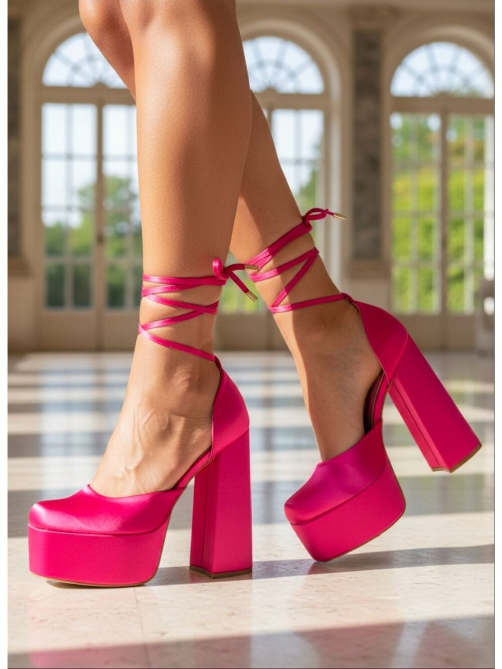 Hot Pink Block Heel Satin Platform Pumps With Ankle Straps - Womens Shoes